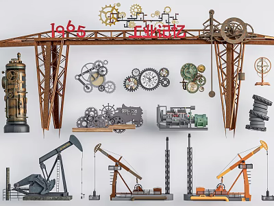 Industrial Style Garden Ornaments Featuring Gears Crane Models And Oil Pumps 3d model