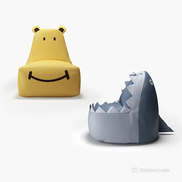 Bean Bag Chairs with Yellow Smiley Face and Gray Shark Shaped Designs 3d model 
