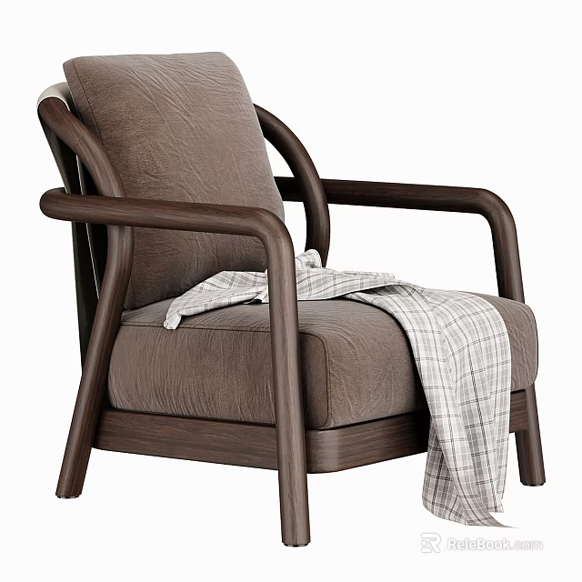 Comfortable Brown Leisure Chair With Wooden Armrests And Plaid Blanket 3d model 