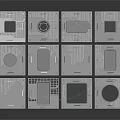 Twelve Gray Square Equipment Pieces With Different Holes Grooves Arranged Neatly On Dark Background