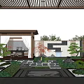 Serene Courtyard Garden With Wooden Pergola Stone Pathway Lush Greenery Water Feature And Sunset View