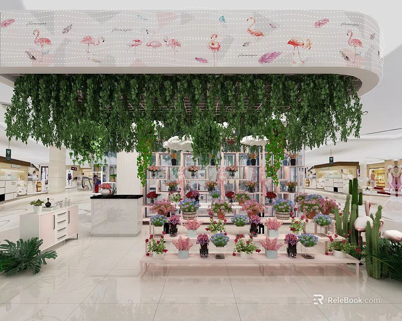 Bright Modern Specialty Store With Flamingo Patterns Green Hanging Plants Flower Arrangements And Cactus Decor 3d model 