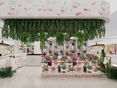 Bright Modern Specialty Store With Flamingo Patterns Green Hanging Plants Flower Arrangements And Cactus Decor 3d model