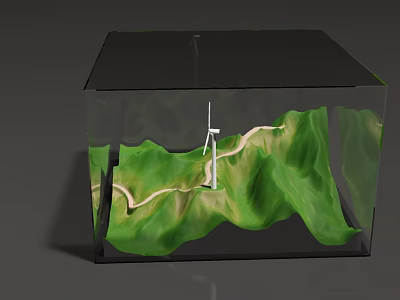 Scenic Green Mountainous Landscape With Winding Road And Wind Turbine In Transparent Cube 3d model