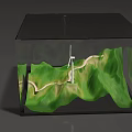Scenic Green Mountainous Landscape With Winding Road And Wind Turbine In Transparent Cube