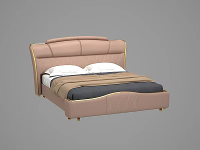 Elegant Modern Double Bed With Peach Leather Headboard Stitched Details Gold Trim And Bedding 3d model