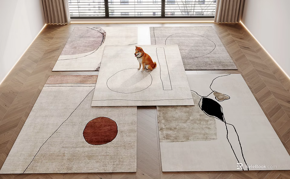 Square Rug Display With Dog Sitting On Various Modern Carpet Patterns In Interior 3d model