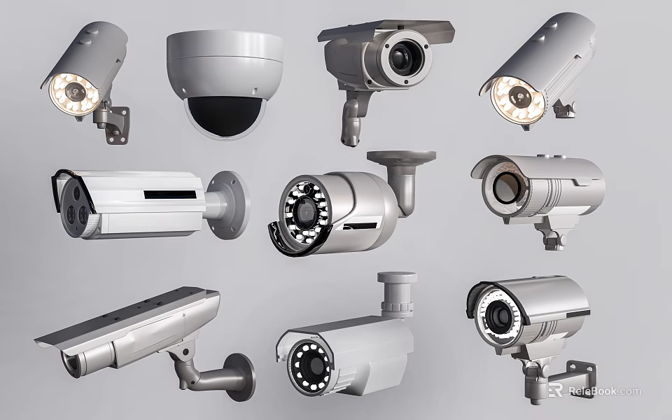 Various Types of Security Surveillance Cameras Including Dome Bullet Indoor Outdoor Models 3d model 