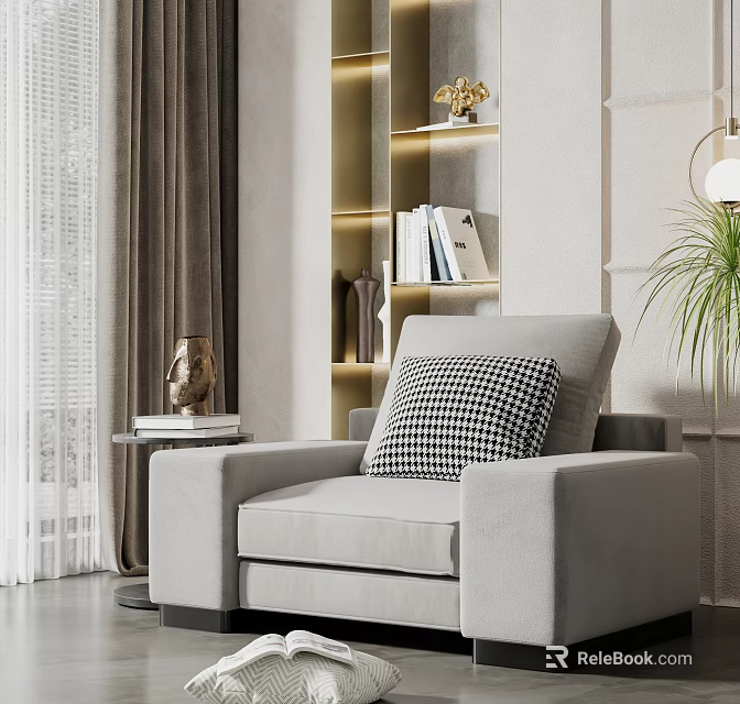 Modern Gray Armchair With Black And White Checkered Pillow Side Table Bookshelf Lamp And Plant 3d model 