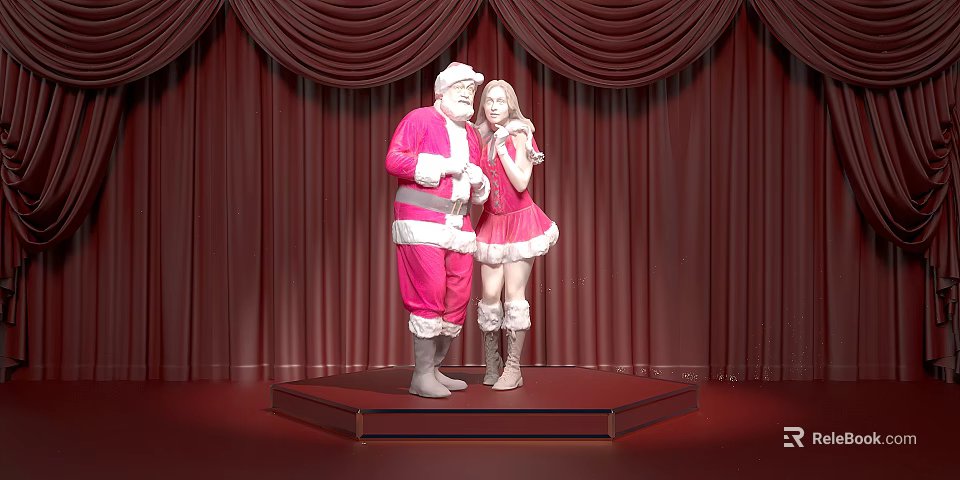 Game And Movie Characters In Red Santa Claus Costumes Standing On Stage With Red Curtains 3d model 