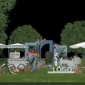 Outdoor Garden Event Display With White Umbrellas Flower Cart Floral Decor And Lake View