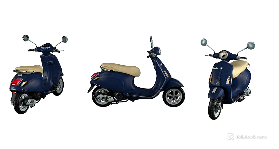 Navy Blue Scooter With Beige Seat Shown In Three Quarter And Side Views 3d model 