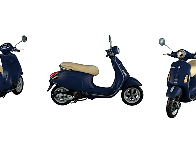 Navy Blue Scooter With Beige Seat Shown In Three Quarter And Side Views 3d model