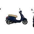 Navy Blue Scooter With Beige Seat Shown In Three Quarter And Side Views