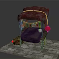 Traditional Stall With Red Canopy Purple Cushion And Hanging Red Lanterns On Stone Slab Base