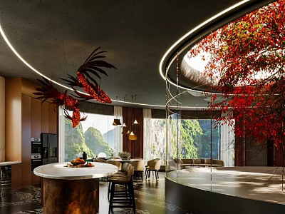 Modern Restaurant Interior Design With Circular Lighting Red Plants And Mountain View 3d model