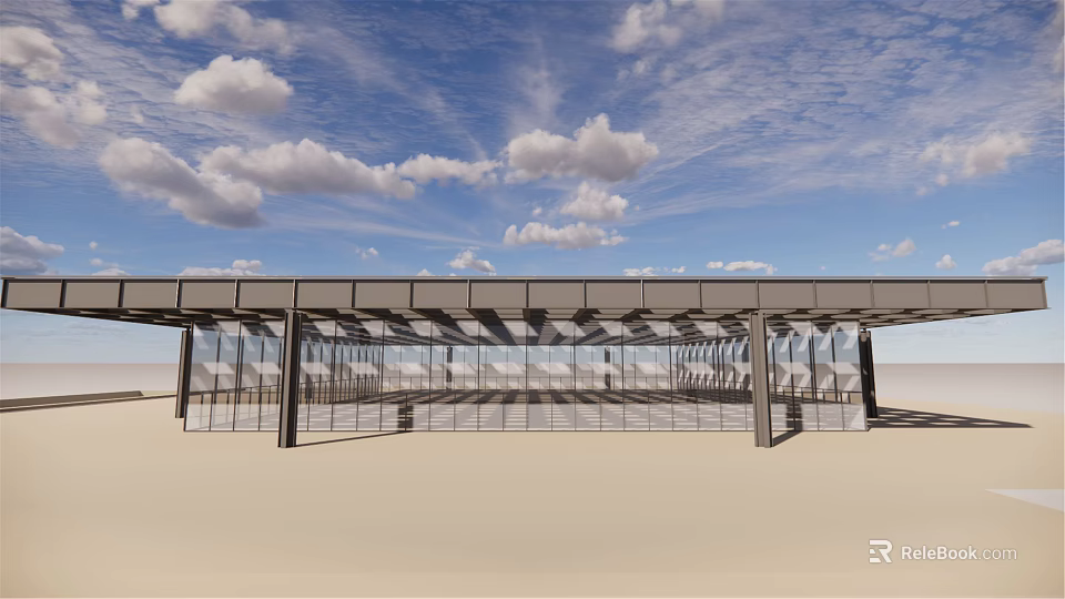 Modern Architectural Structure Featuring Glass Facade Metal Roof And Open Design Under Blue Sky 3d model 