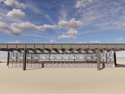 Modern Architectural Structure Featuring Glass Facade Metal Roof And Open Design Under Blue Sky 3d model