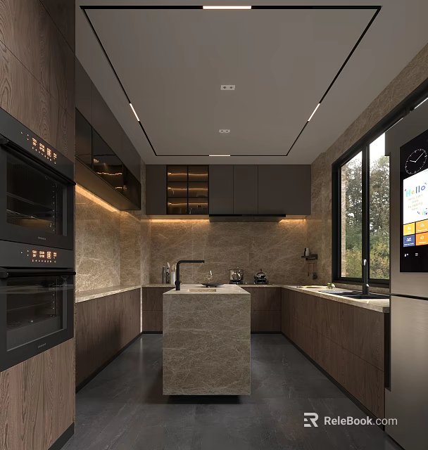 Modern Kitchen Interior With Wooden Cabinets Island Counter And Built In Appliances 3d model 