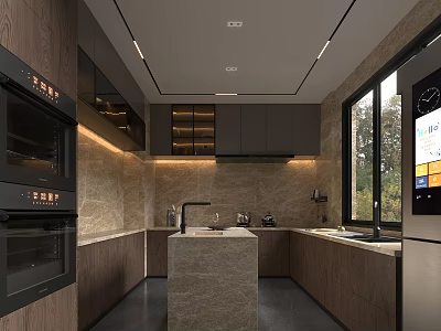 Modern Kitchen Interior With Wooden Cabinets Island Counter And Built In Appliances 3d model