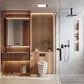 Modern Minimalist Bathroom Interior With Wooden Vanity Mirror Toilet Shower Niche And Natural Light