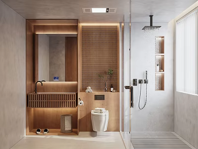 Modern Minimalist Bathroom Interior With Wooden Vanity Mirror Toilet Shower Niche And Natural Light 3d model