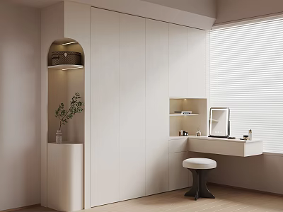 Modern White Wardrobe Interior With Dressing Table Stool And Bright Room Window 3d model