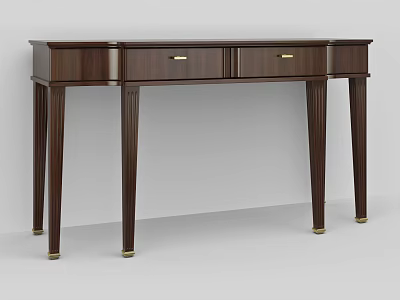 Elegant Dark Wooden Console Table With Two Drawers Golden Handles And Slim Legs 3d model