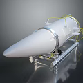 Military Missile With White Body Silver Ring Structure And Yellow Cables On Metal Mounting Stand