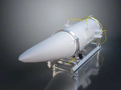Military Missile With White Body Silver Ring Structure And Yellow Cables On Metal Mounting Stand 3d model