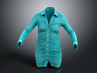 Turquoise Long Sleeve Shirt Dress With Ruched Design And Button Front Collar 3d model