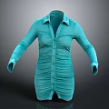Turquoise Long Sleeve Shirt Dress With Ruched Design And Button Front Collar