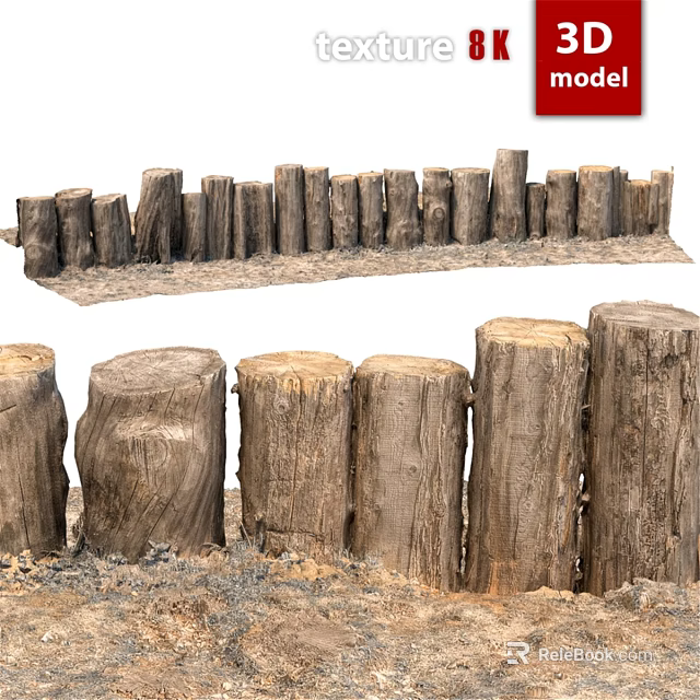 Rustic Natural Tree Stump Fence For Garden Border And Landscape Design 3d model 