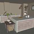 Modern Kitchen Interior Design With Wooden Island Counter Pendant Lights And Plant