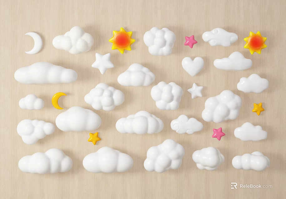 White Decorative Cloud Moon Star Sun And Heart Shaped Decor Items With Colorful Accents 3d model 
