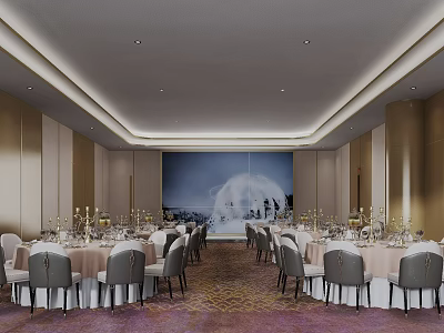 Elegant Banquet Hall Interior With Round Tables White Tablecloths Gray Chairs And Ceiling Lights 3d model