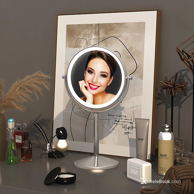 Round Vanity Mirror with LED Lights and Cosmetic Products on Table with Decorative Items 3d model 