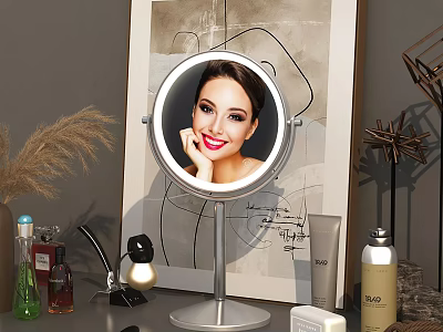 Round Vanity Mirror with LED Lights and Cosmetic Products on Table with Decorative Items 3d model