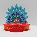 Red Stage Platform With Turquoise Peacock Feather Backdrop And Golden Ornamental Patterns 3d model