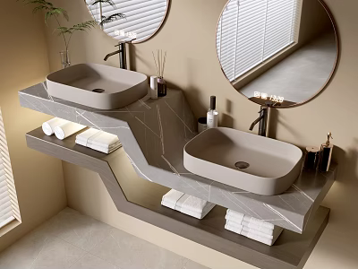 Sleek Modern Bathroom Vanity Rack With Double Gray Basins Round Mirror And Folded Towels 3d model