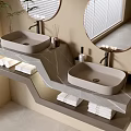 Sleek Modern Bathroom Vanity Rack With Double Gray Basins Round Mirror And Folded Towels