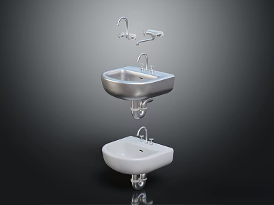 Various Styles of Wall Mounted Bathroom Sinks with Stainless Steel and Ceramic Designs and Faucets 3d model