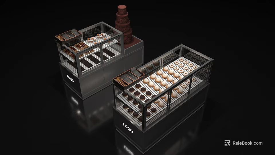 Modern Display Shelves Showcasing Chocolates Donuts And Desserts In Glass Cases 3d model 