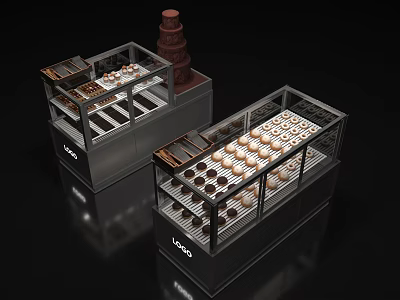 Modern Display Shelves Showcasing Chocolates Donuts And Desserts In Glass Cases 3d model
