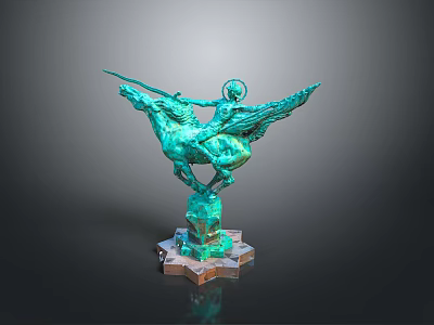 Man Riding Winged Horse Statue Holding Spear on Green Pedestal Base 3d model