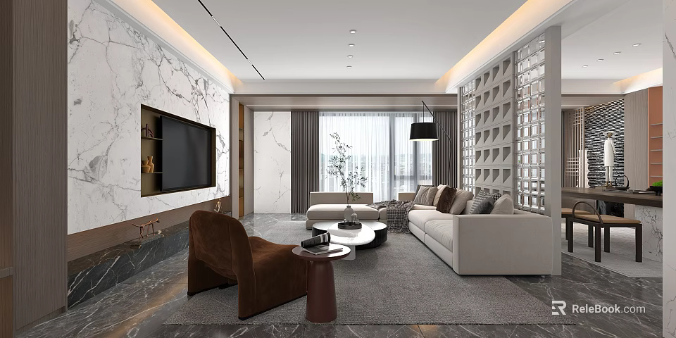 Elegant Modern Living Dining Room Interior With Sofa Rug Coffee Table And Marble Wall 3d model 