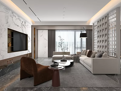 Elegant Modern Living Dining Room Interior With Sofa Rug Coffee Table And Marble Wall 3d model