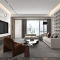 Elegant Modern Living Dining Room Interior With Sofa Rug Coffee Table And Marble Wall