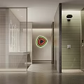 Modern Minimalist Public Toilet Interior Design With Frosted Glass Partition And Creative Colorful Wall Art