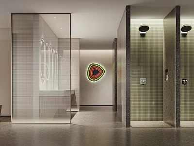 Modern Minimalist Public Toilet Interior Design With Frosted Glass Partition And Creative Colorful Wall Art 3d model